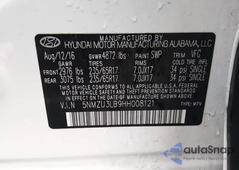 2017 Hyundai Santa Fe Sport 2.4L z USA, uszkodzony, nr VIN 5NMZU3LB9HH008121